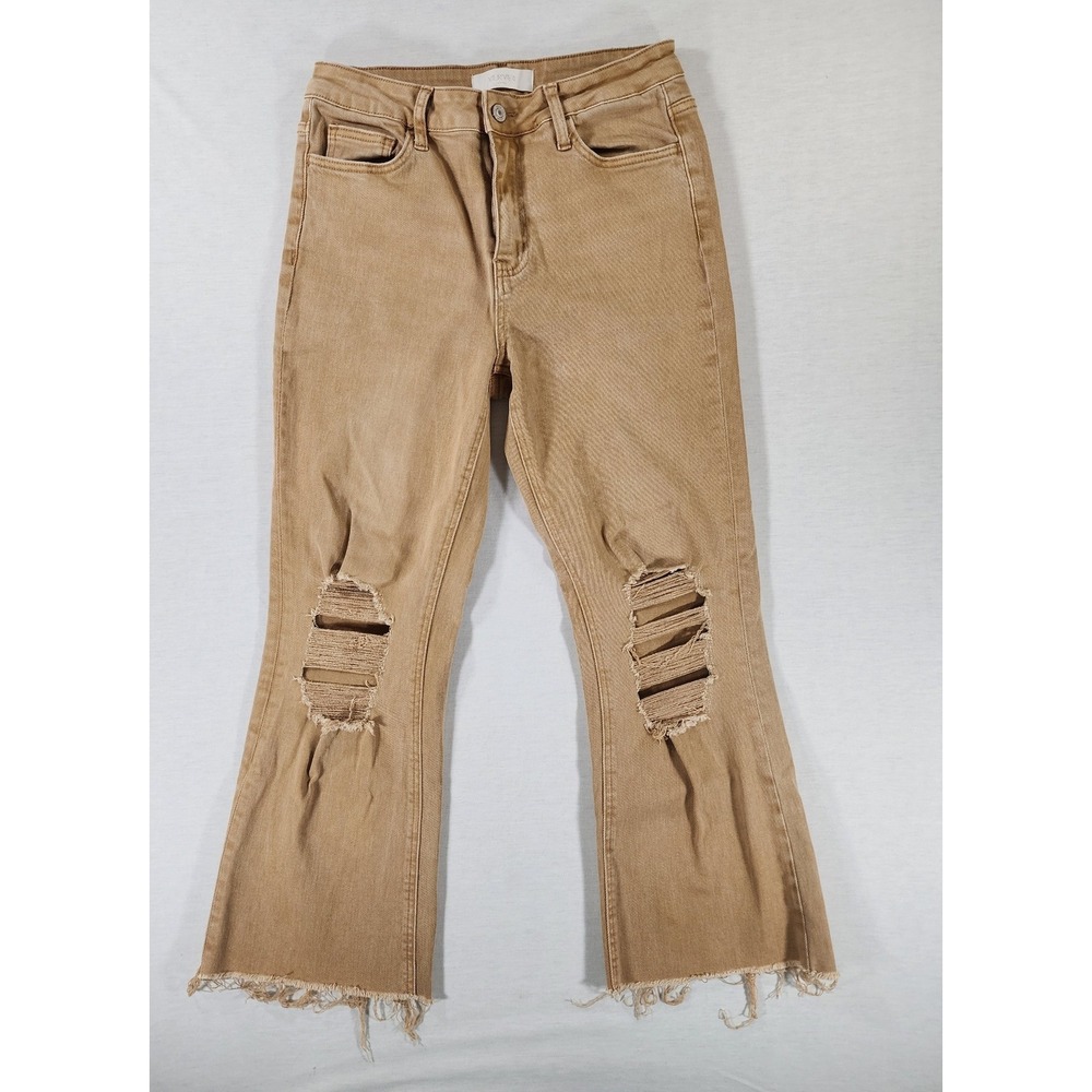 Vervet Flare‎ Cropped Jean Womens 29 Distressed Tan Stretch Raw Hem Boho T5773AK